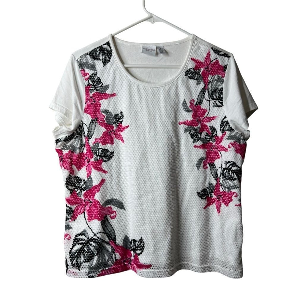 Chicos Weekends White Floral Mesh Short Sleeve Tee Blouse 2